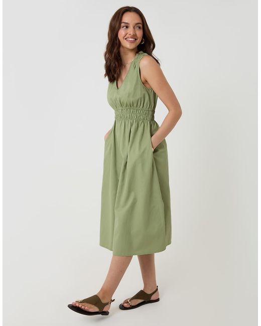 Threadbare Green Ruched Waist Denim Midi Dress