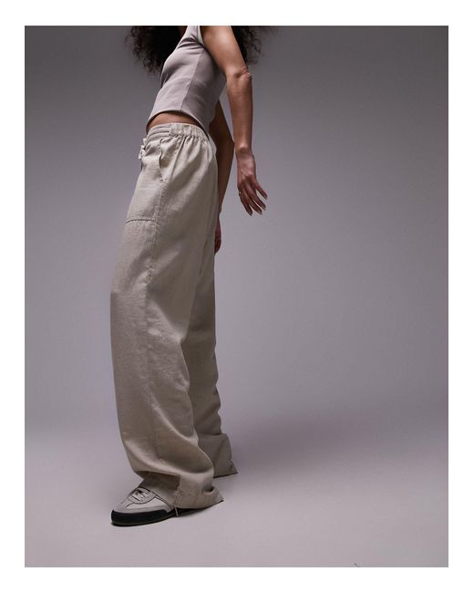 Pantalon droit taille basse en lin avec cordon à la taille - beige TOPSHOP en coloris Brown