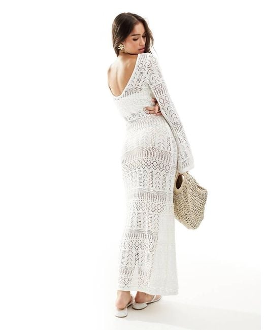 Pimkie White Crochet Long Sleeve Scoop Back Maxi Dress