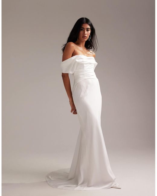ASOS Bardot Draped Satin Maxi Wedding Dress in White | Lyst Canada