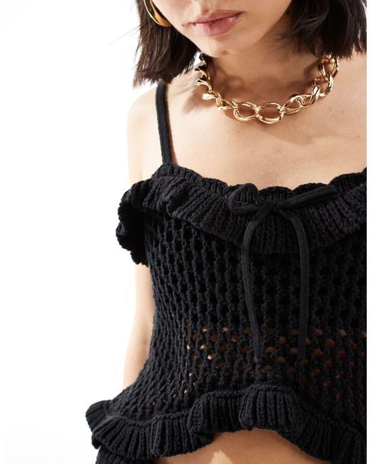 ASOS Black Knitted Crochet Cami Top With Frill And Tie Detail