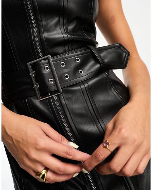 Stradivarius Black Faux Leather Zip Up Mini Dress