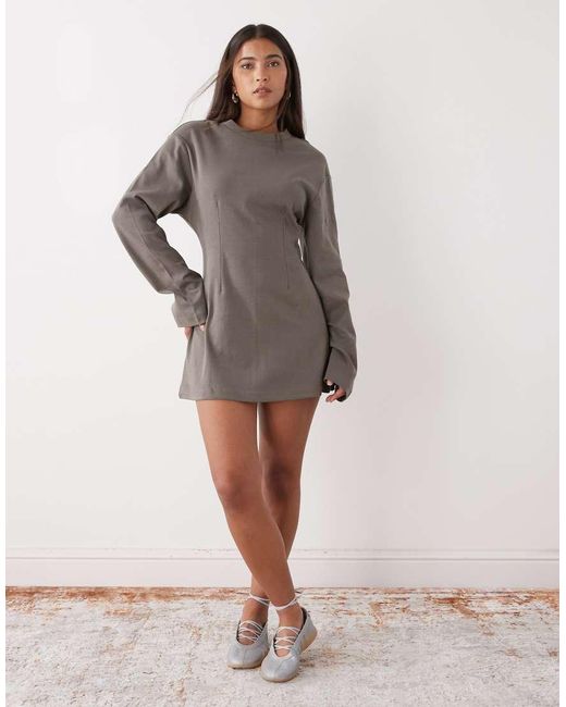 Monki Natural Cinched Waist Long Sleeve Mini Dress