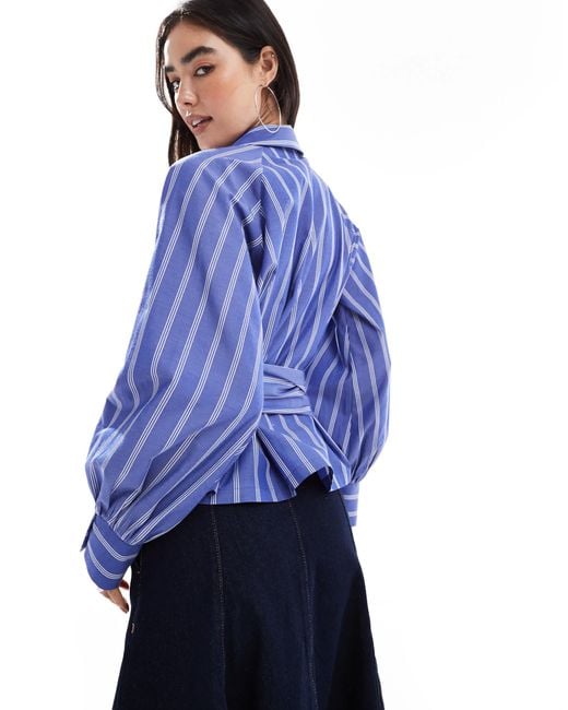 ASOS Blue Cocoon Sleeve Wrap Tie Waist Detail Shirt