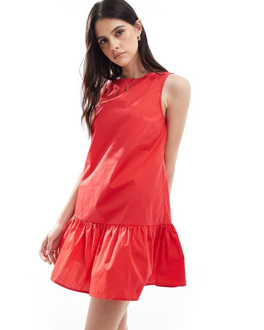 ASOS Red Drop Waist Cotton Poplin Mini Dress