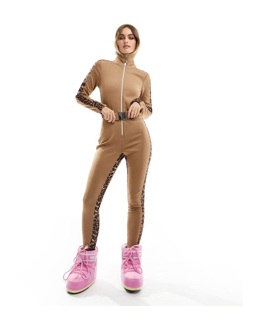 Threadbare Pink – ski – jumpsuit mit gürtel und leoparden-kontrastmuster