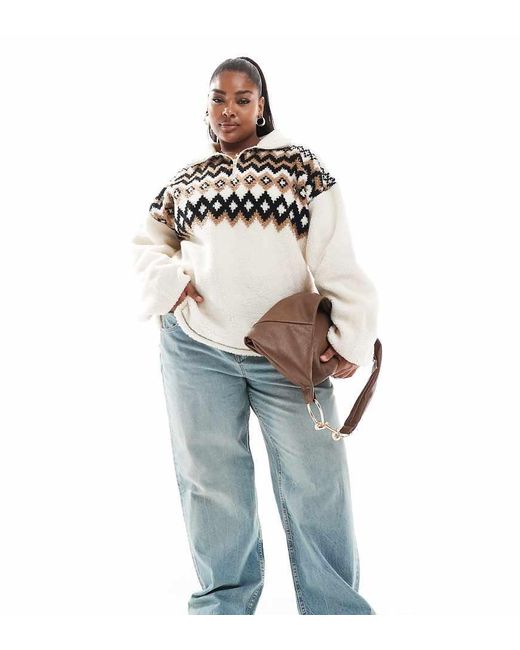 ASOS Blue Asos Design Curve Borg Half Zip With Fairisle Design