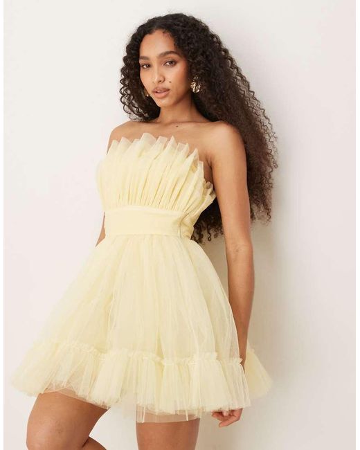 LACE & BEADS Natural Bandeau Structured Tulle Mini Dress