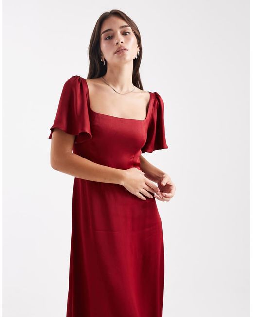 Maids To Measure Red Bridesmaid Square Neck Flutter Sleeve Maxi Dress
