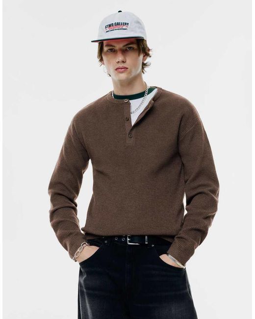 Pull&Bear Brown Henley Sweater for men