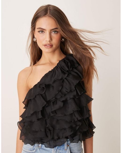 Gina Tricot Black Organza One Shoulder Top With Layered Ruffles