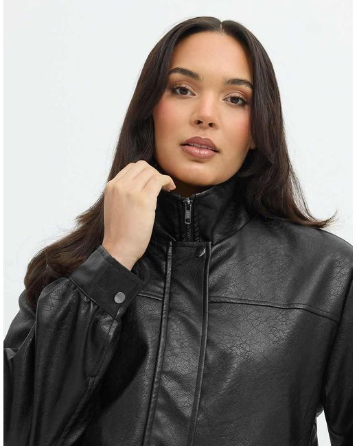 Yours Clothing Black Faux Leather Funnel Neck Jacket