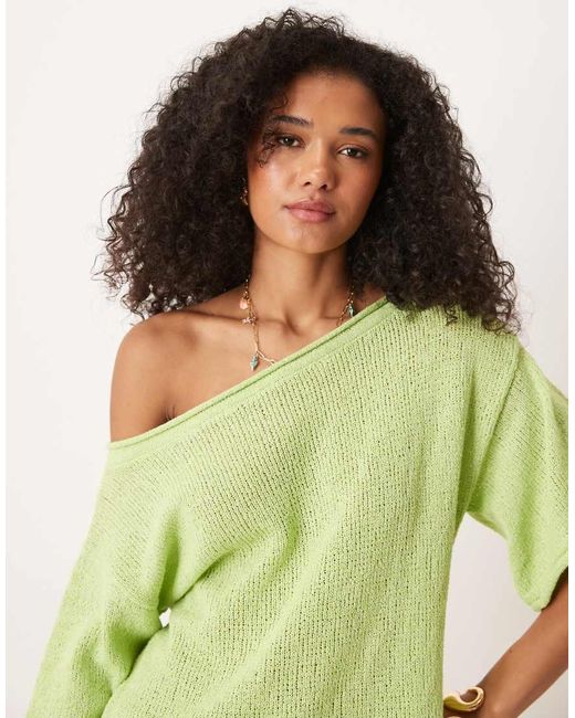 ASOS Green Loose Knit Off Shoulder Short Sleeve Jumper