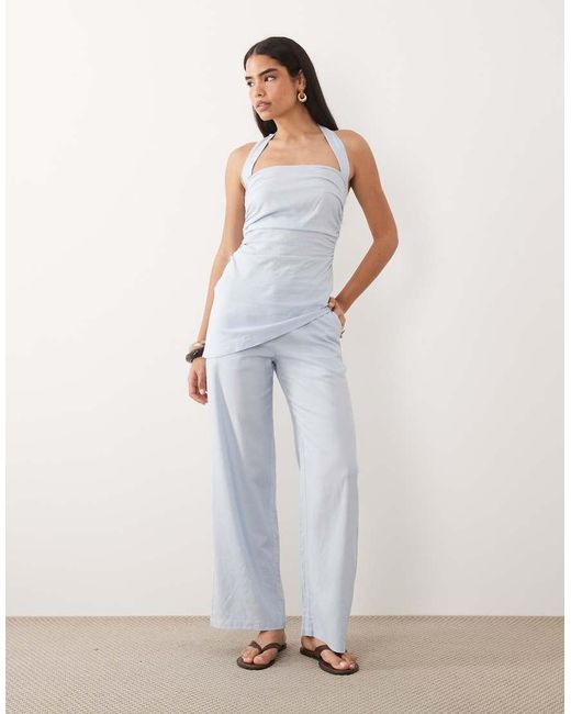 Kaiia White Exclusive Linen Blend Halterneck Asymmetric Hem Ruched Detail Top