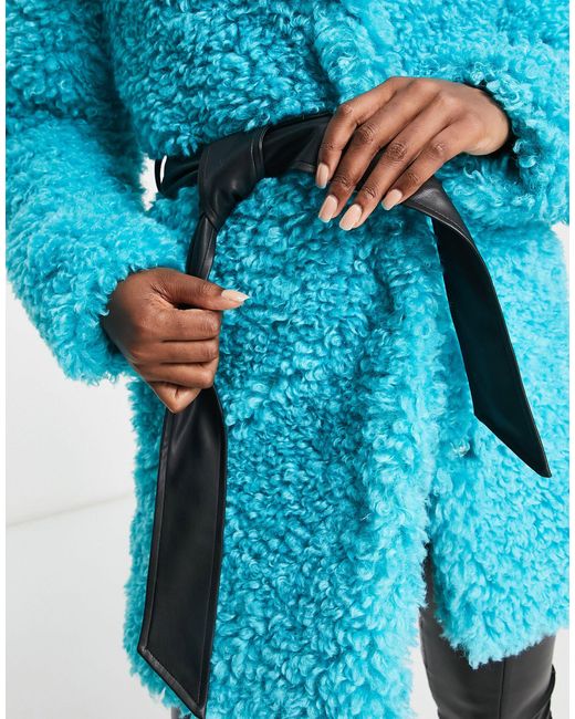 Miss Selfridge Blue Fluffy Teddy Faux Leather Wrap Coat