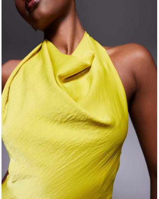 ASOS Yellow Satin High Neck Midi Dress With Cross Strap Detail