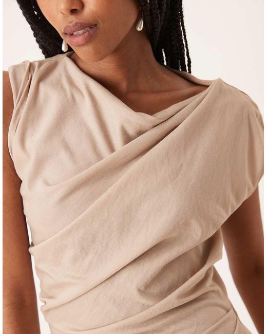 ASOS Natural Linen Look Twist Shoulder Drape Midi Dress