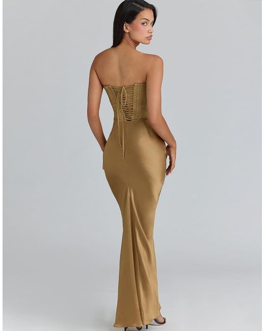 House Of Cb Metallic Aurelia Bronze Brocade Satin Corset Maxi Dress