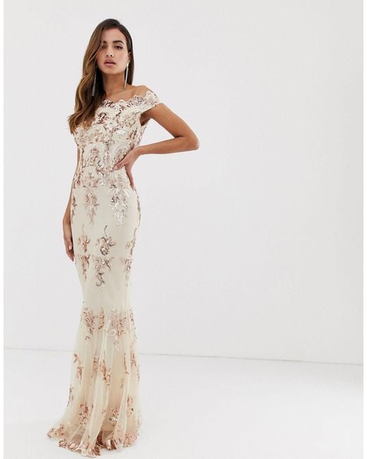 Goddiva Multicolor Off Shoulder Bardot Placement Lace Maxi Dress In Blush And Gold