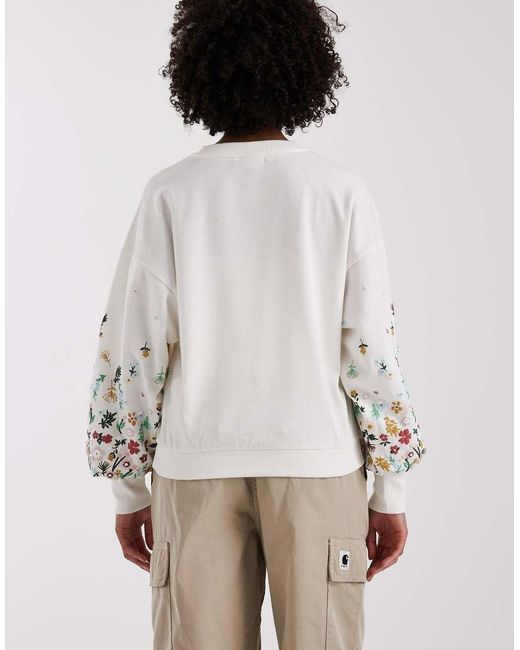 ONLY Natural Crew Neck Jumper With Floral Sleeve Detail