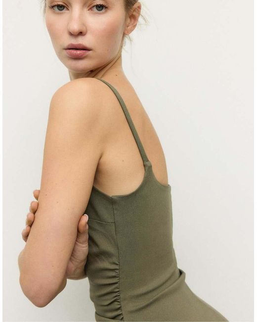 Stradivarius Green Bengaline Midi Dress With Square Neckline