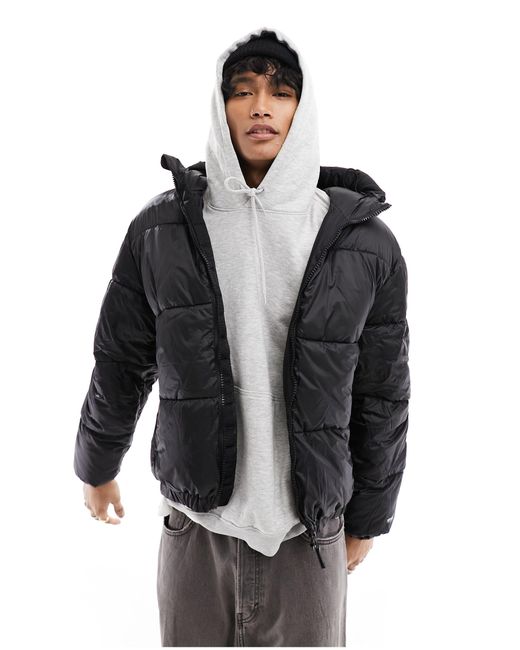 Pull&Bear Black Puffer Jacket With Hood for men