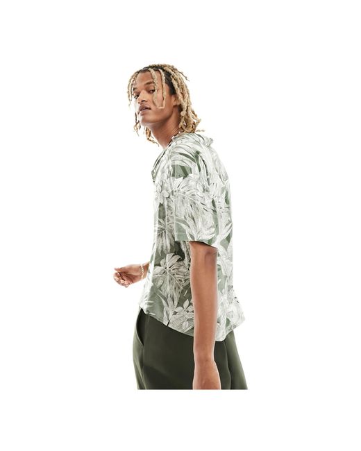 Native Youth White Tropical Print Revere Short Sleeve Shirt for men