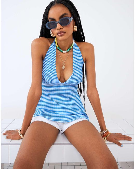River Island Blue Gingham Halter Neck Top