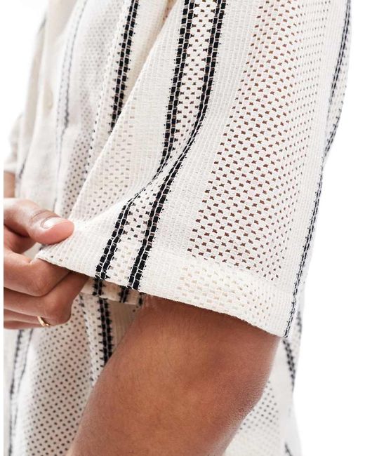 Pull&Bear White Rustic Textured Striped Shirt for men
