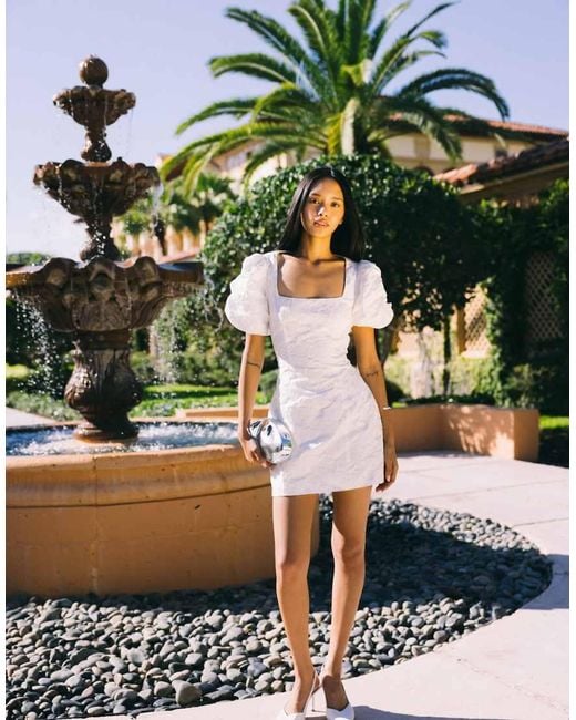 Gina Tricot White Brocade Mini Dress With Puff Sleeves