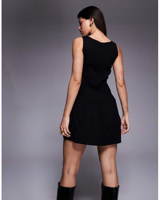 Kaiia Black Exclusive Wide Neck Sleeveless Knitted Button Through Skater Mini Dress