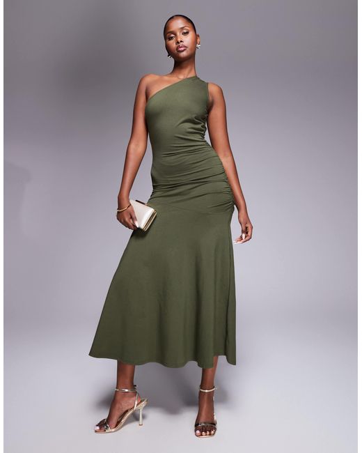 Fashionkilla Exclusive Cotton One Shoulder Ruched Side Maxi Dress in Green  | Lyst