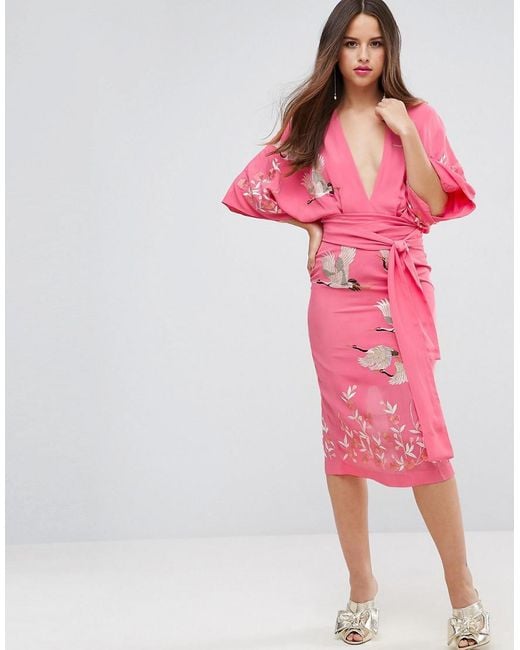ASOS Pink Embroidered Kimono Bird Midi Dress