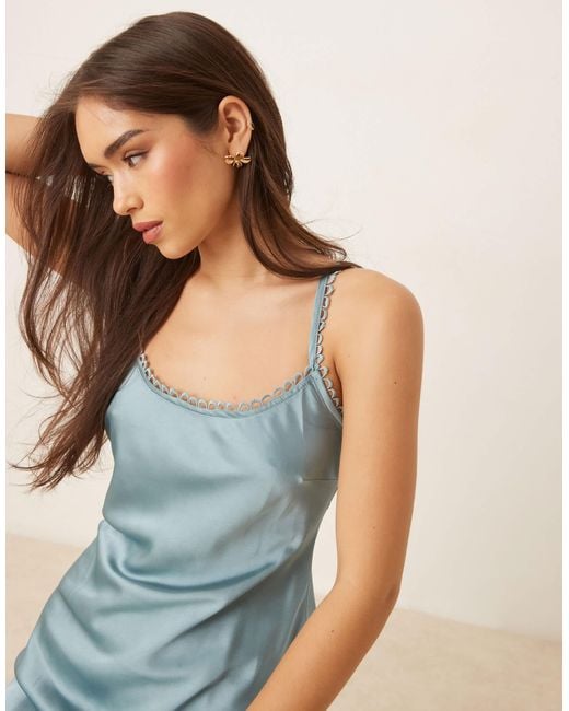 ASOS Blue Puff Sleeve 2-in-1 Satin Midi Tea Dress With Lace Trims