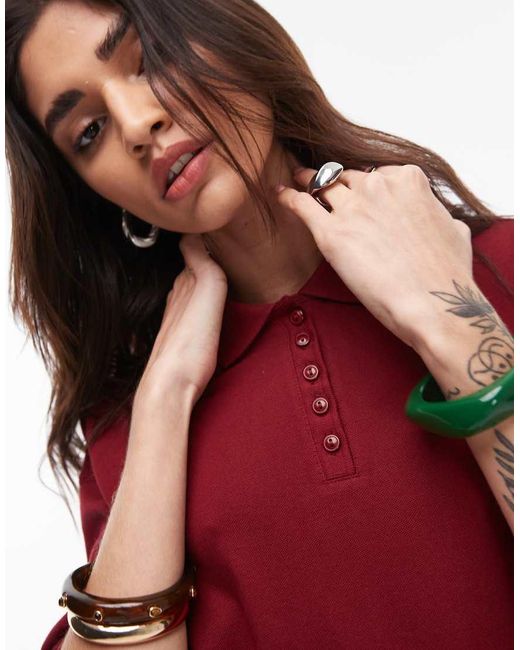 TOPSHOP Red Short Sleeve Boxy Polo