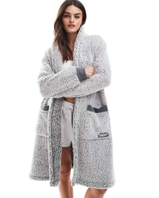 DKNY Gray Sherpa Fleece Shawl Collar Robe