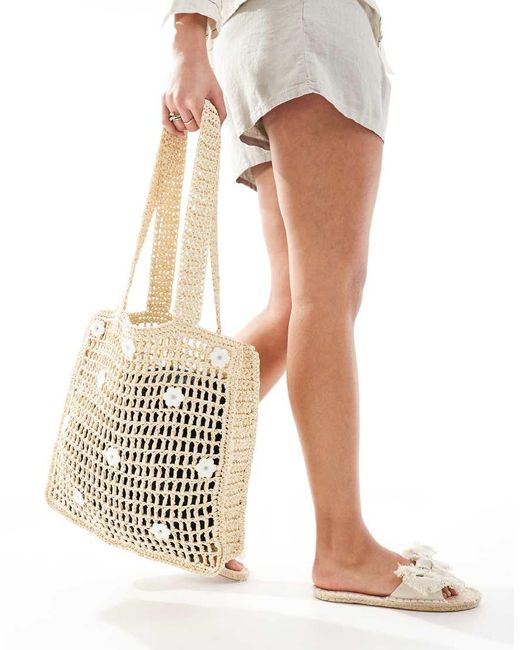 Hollister White Crochet Beach Bag With Daisy Embroidery Detail