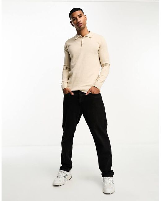 Brave Soul Natural Cotton Long Sleeve Knitted Polo Shirt for men