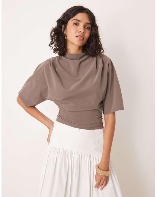 Gina Tricot Brown Short Sleeve Drape Boat Neck Top With Elbow Sleeves
