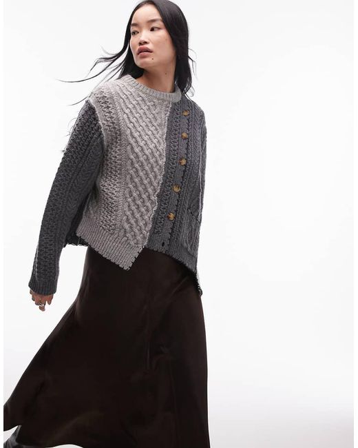 TOPSHOP Gebreid Vest Van 100% Premium Wol Met Asymmetrische Kabels in het Gray