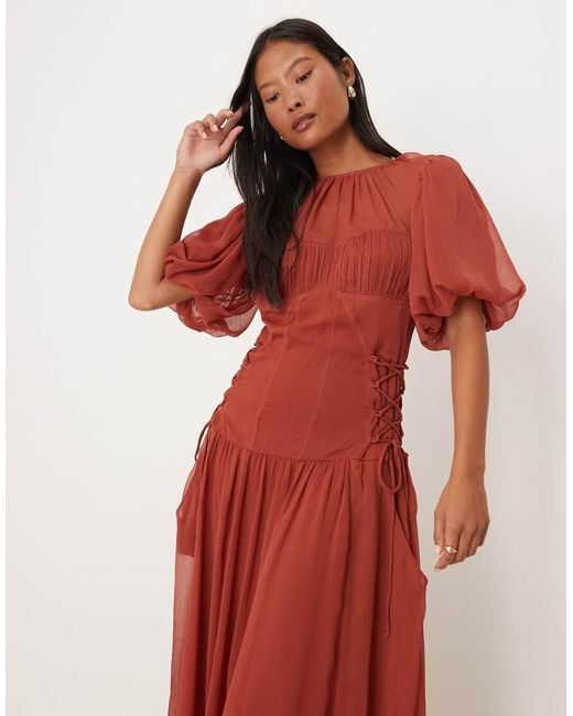 ASOS Red Asos Design Petite Puff Sleeve Chiffon Midaxi Dress