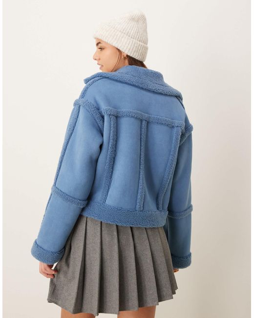 The Frolic Blue Exclusive Faux Shearling Gold Heart Button Detail Jacket