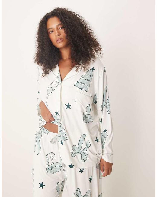 ASOS White Asos Design Curve Super Soft Long Sleeve Shirt & Trouser Pyjama Set With Contrast Piping