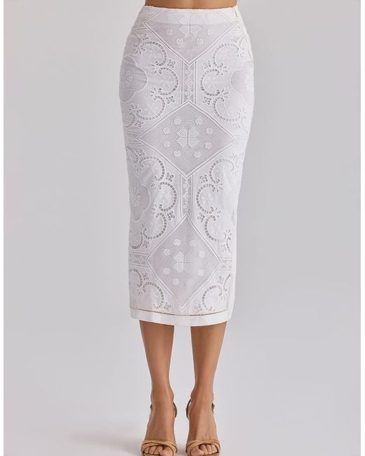 House Of Cb White Cecilia Cotton Placement Lace Broderie Anglaise Midi Skirt