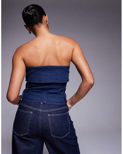 Liquor N Poker Blue Utility Denim Bandeau Crop Top With Zip Through