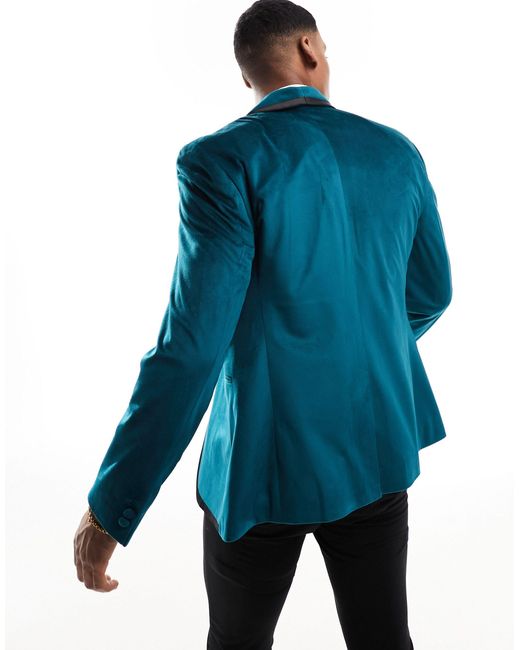 ASOS Blue Slim Velvet Blazer With Contrast Trims for men