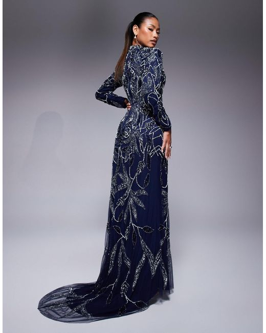 embellished long sleeve maxi dress in blue Beauut Safa round neck