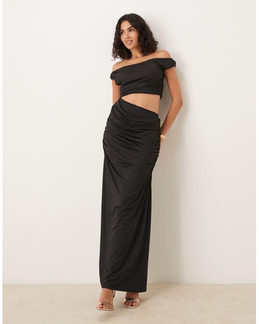 SNDY'S Black Premium Asymmetric Drape Off Shoulder Cutout Maxi Dress