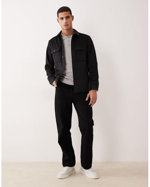 Mango Black Wool Mix Checked Overshirt for men