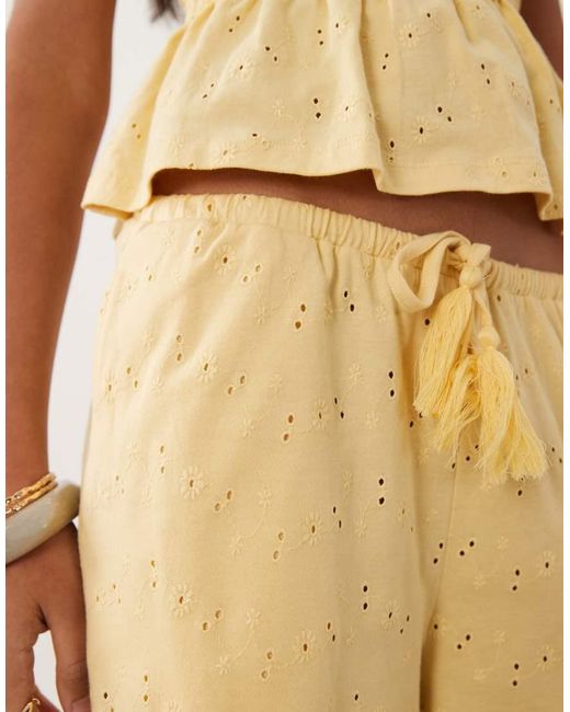 ASOS Natural Wide Leg Drawcord Tassel Detail Jersey Broderie Co-ord Trouser